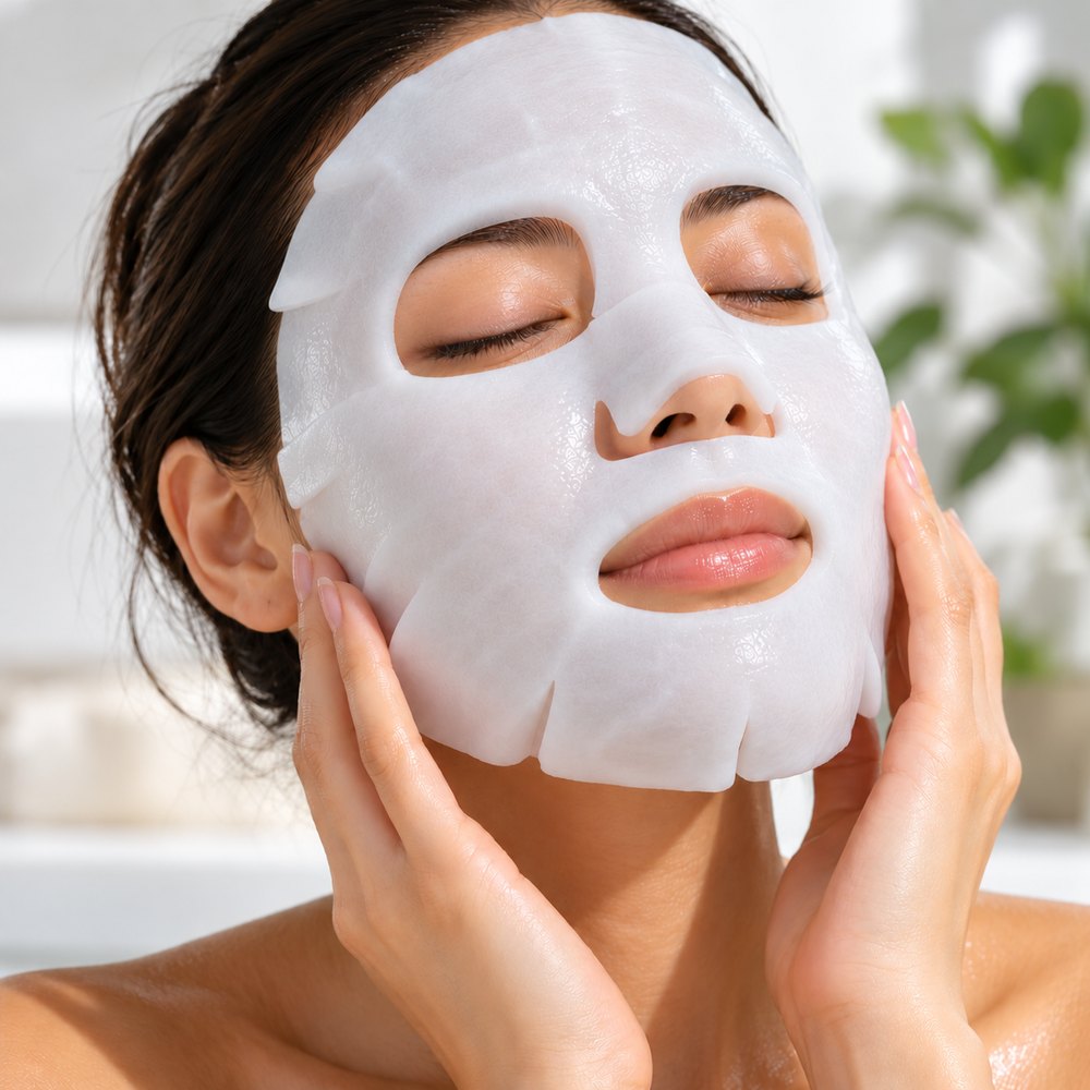 A woman relaxing with a hydrating sheet face mask
